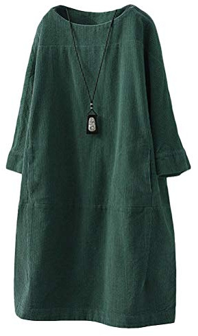 FTCayanz Abito Donna Manica Lunga Oversized Velluto a Coste Vestito Elegante Midi Abiti Verde Scuro XXL