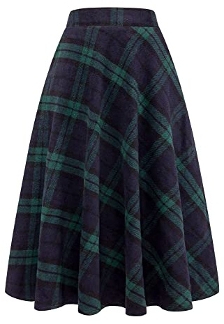 Ylingjun Jupe Longue en Laine à Carreaux pour Femme - pour l'hiver et l'automne - Taille Haute élastique - Évasée - en Tartan, Vert, Taille L