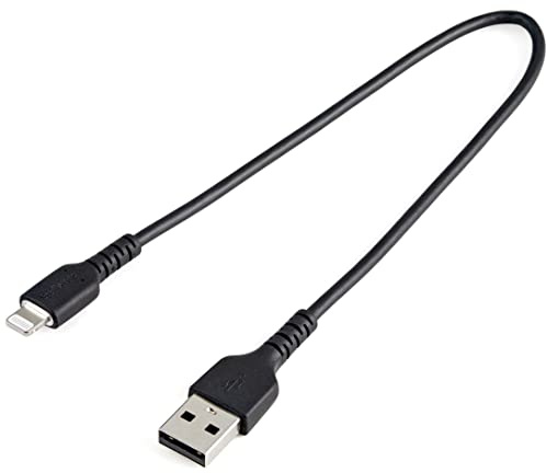 STARTECH Cable Resistente USB-A a Lightning 30cm, Negro (RUSBLTMM30CMB) | Cable de carga y sincronizacion para iPhone y iPad, Recubrimiento de TPE flexible, MFi certificado