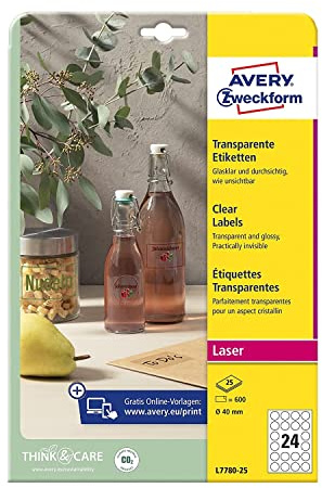 AVERY Zweckform L7787-25 transparente runde Etiketten (300 Klebepunkte, Ø60 mm auf A4, runde Aufkleber zum Bedrucken, selbstklebend, wetterfest, Beschriftungen/Produktaufkleber) 25 Blatt, durchsichtig