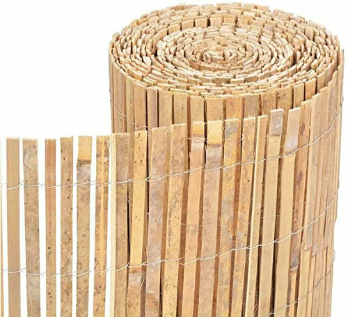 MUSAN Large Natural Slat Slatted Fence - Flat Garden Screening Fencing Wall Panels - Indoor & Outdoor Wooden Bamboo Privacy & Protective Sun Shades Shelter Screen Roll Panels (1m x 4m)