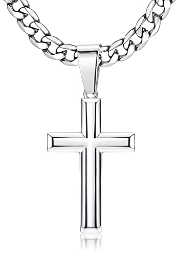 Chriscoco 925 Sterling Silver Cross Pendant Necklace with Stainless Steel Diamond-Cut Figaro Chain Delicate Highly Polished Beveled Edge Cross Pendant Necklace for Men Women
