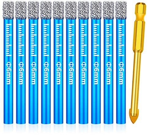 Set di 11 punte per piastrelle dure, punta diamantata da 6 mm e trapano in carburo da 6 mm, per ceramica, granito, vetro, porz