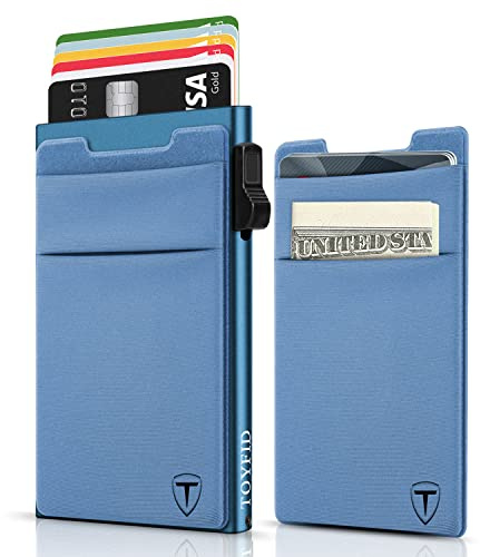 TOYFID Minimalistische Geldbörse mit Kompartiment Schmaler Kartenhalter für 6 Karten Bargeld RFID-blockierendes Metall Kartenetui für Männer,Extra selbstklebendes Münzfach für Telefon,Blau | Pop-up-Kartenhalter mit Geldscheinfach. Lycra-Bezug. Bonus-Tuch. Automatischer Auswurf. RFID-Schutz.