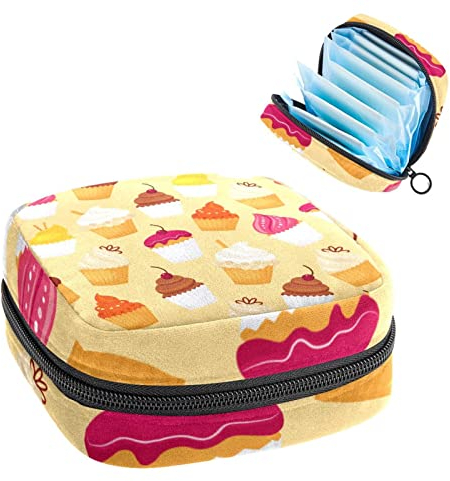 Perioden-Tasche, tragbare Tampon-Aufbewahrungstasche für Damenbinden, leckere Cupcakes, Kirschgelb, Mehrfarbig, 4.7x6.6x6.6 in/12x17x17 cm