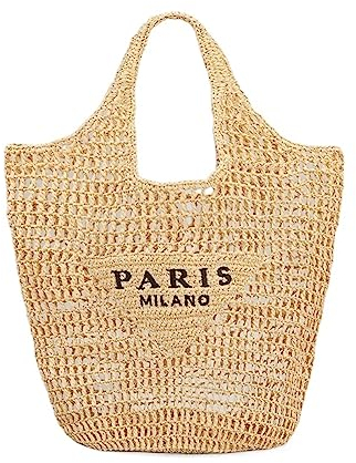 XXLKAIF Paris Milano Straw Bag Strandtasche für Damen, Sommer (Farbe: Beige), Farbe: beige, 35 cm (L) x 6 cm (W) x 39 cm (H)