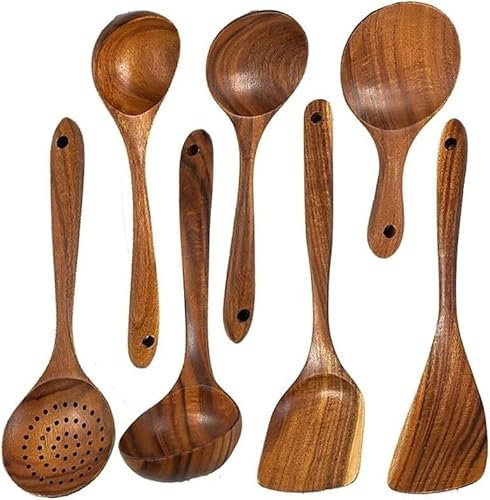 7 unids/Set vajilla de Madera Natural de Teca Cuchara Cuchara con colador Sopa Especial Espumadera Cuchara de Cocina Herramienta de Cocina de Madera