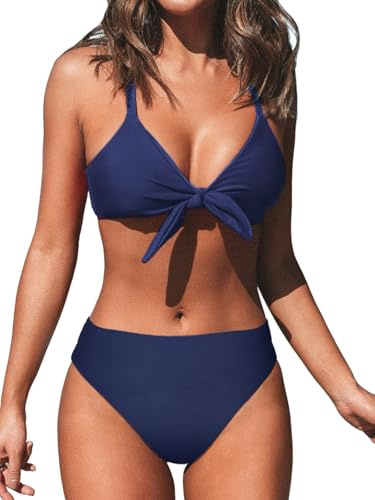 CUPSHE Women's Tie Knotted Bikini Set Floral Bottom Two Piece Swimsuit Swimming Costume Indigo Blue M