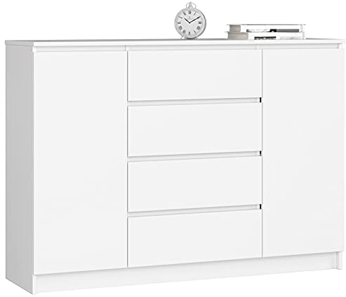 AKORD Kommode K 140 cm 4 Schubladen und 2 Türen | zum Wohnzimmer Schlafzimmer Arbeitszimmer | Modernes funktionales Design | laminierte Platte weiße Farbe