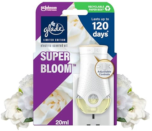 Glade Plug In Air Freshener, Electric Scented Oil Holder & Refill, Super Bloom, Starter Kit, (1 x Holder and 1 x 20 ml Refill)
