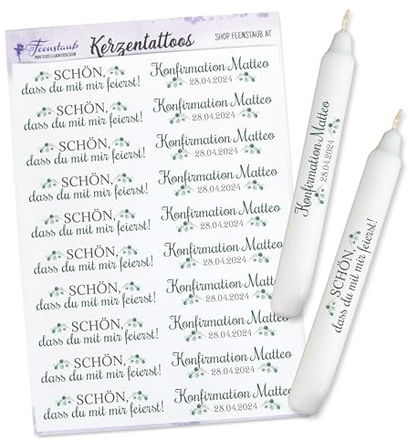 Kerzen Tattoo Kommunion personalisiert, Kerzentattoos Konfirmation Eukalyptus, Firmung Gastgeschenk selber machen, Tischdeko, Aufkleber für Kerzen, Eukalyptus, DIY Give-Aways, Feenstaub
