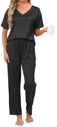 Reliwel Pyjama Femme Ete Satin Ensembles de Pyjama Femme Soie à Manches Courtes et Pantalon Longs 2 Pièces Vêtements de Nuit Casual Confortable