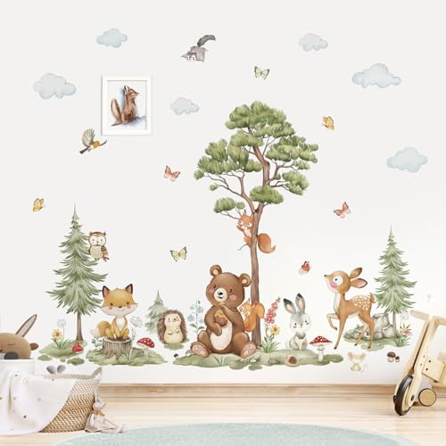 wondever Wandtattoo Waldtiere Baum Groß Kiefer Wandsticker Tiere Bär Fuchs | Abziehen und Aufkleben, Abziehbar, Wandaufkleber Selbstklebend für Kinderzimmer Babyzimmer Schlafzimmer Wanddeko