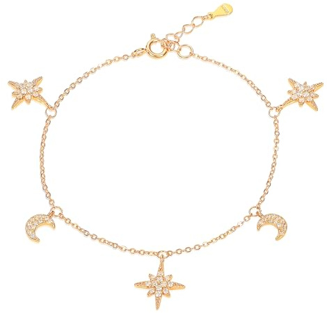 Diamond Treats Mond- und Stern-Charm-Armband aus 925er Sterlingsilber für Damen und Teenager, zierliche Anhänger-Armbänder aus Silber, Gelbgold oder Roségold mit funkelnden Zirkonia-Steinen