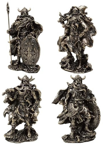 MystiCalls Lot de 4 figurines Viking Viking avec épée bouclier hache, 4er Set Wikinger bronzefarben