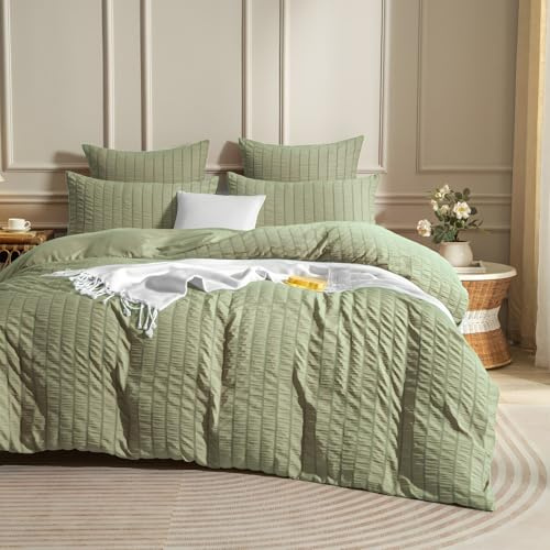 Luowei Juego de ropa de cama de seersucker 155x220 cm Verde con rayas en relieve, reversible, 3 piezas, moderno, suave, transpirable, juego de ropa de cama Oeko-TEX con cremallera y 2 fundas de