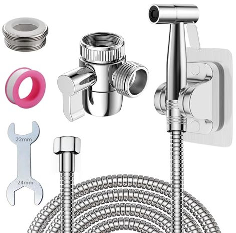 Roscid Grifo Bidet para WC con Manguera de 2m y Soporte, Ducha Higienica para WC con Desviador de Grifo de 3 vías G1/2 M22-24, Kit de Rociador de Bidé para Limpieza y Higiene Personal(Plateado)