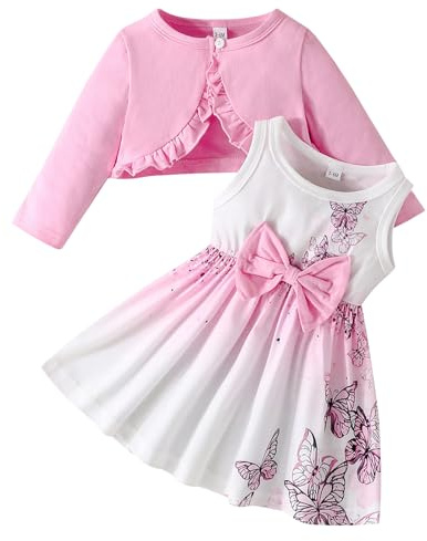 Kunyeah bébé filles robe et cardigan ensemble bébé volant haussement d’épaules manteau papillon imprimé jupe enfant en bas âge à manches longues tenue