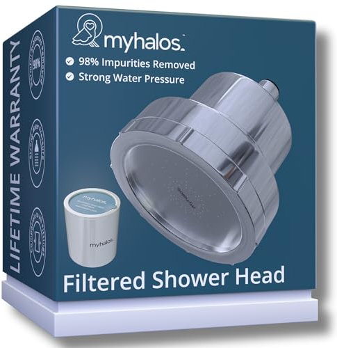 MyHalos® Shower Filter for Hard Water UK - High Pressure Fixed Filter Shower Head to Reduce Chlorine, Water Softener - Easy to Install Power Filtered Showerhead (Chrome)