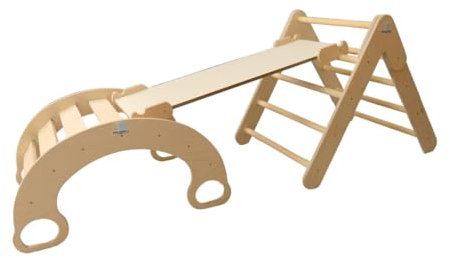 mamikids Minions – Camino con triángulo plegable, ahorra espacio, tobogán y arco Montessoriano para niños que se convierte en balancín, juegos educativos Montessori de madera natural, fabricado en