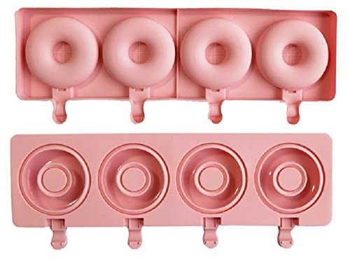 Ice Lolly Moulds with Sticks,Frozen Puree Moulds, Donut 4 Even Ice Cream Mold Ice Cream Silicone Mold Baking Cake Stick Candy Mold Summer Ice Maker Popsicle Mold(Pink)