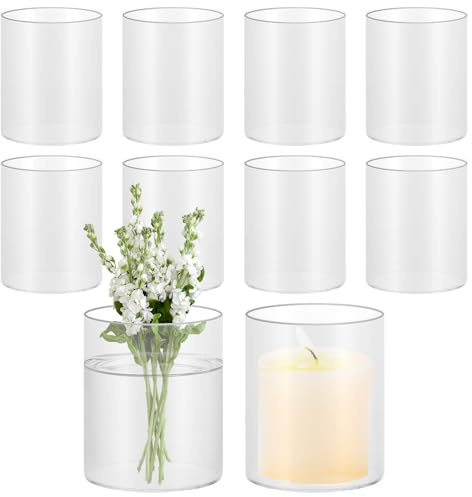 Oungy 8 cilindros de cristal para velas, jarrón pequeño de 10 cm, cilindro redondo con base, tarros de velas