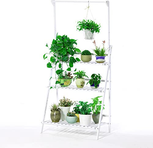Bamboo 3 Tier Plant Stand for Home Garden Patio Foldable Plant Display Rack with Hanging Planter Hooks White Plant Shelf for Balcony 56 Tall Plant Hanger Stand