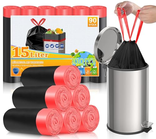 XIQIYY Müllbeutel 15L Schwarz, Abfallbeutel, 90 Stück | Kompaktes Format, Auslaufsicher, Geruchsneutral, Einfach Zu Entnehmen, Ideal Für Bad Und Haushalt