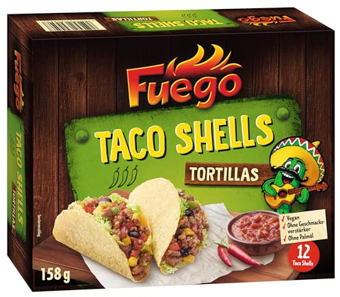 Fuego - Taco Shells, 12 Stück | Frittierte Taco-Schalen aus Mais | Zum Selbermachen von gefüllten Tacos | Vegan, ohne Geschmacksverstärker | 158 g