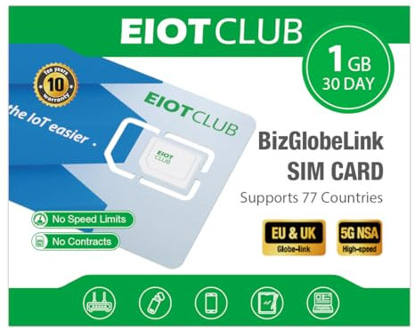 EIOTCLUB Globale SIM-Karte, 5G/4G Highspeed Prepaid Reise-SIM, 1GB 30Tage Nutzung in 77+ Ländern wie USA/China/Japan/Türkei, Ohne Vertrag, NUR Daten, Aufladbar, für Handys, Router, Hotspot