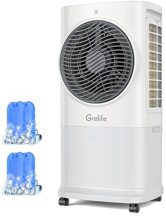 Grelife 3-in-1 Portable Air Conditioner, 400 Sq.Ft Evaporative Air Cooler with 1.72Gal Tank & 4 Ice Packs, 360° Oscillation, 30ft/s Wind Speed, 42dB Quiet, 8H Timer for Bedroom/Office/Home
