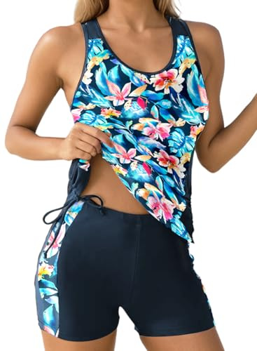Dokotoo Women's Tankini Sets Two Piece Tops with Shorts Swimsuits for Women Bathing Suits Floral Printed Beach Vacation Clothes Tummy Control Swimwear Womens Swimsuit Blue XL