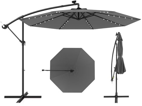 COSTWAY Sonnenschirm 300 cm, Ampelschirm mit 40 Solar-LED-Leuchten und Kurbel, Gartenschirm, Marktschirm, Terrassenschirm für Garten, Pool, Terrasse, Anthrazit