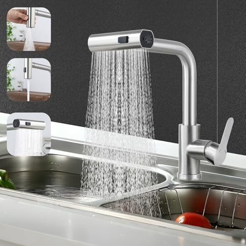 Mursche Wasserhahn Küche Küchenarmatur Ausziehbar Waterfall Mischbatterie | mit Brause Spültischarmatur 360° Drehbar Armatur mit 3 Strahlarten Spüle Küchenwasserhahn Gebürsteter Nickel Edelstahl