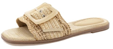 Rihero Raffia Flat Sandals for Women Dressy Slip On Beach Slides Square Toe Buckle Summer Fashion Woven Sandals Natural Size 9