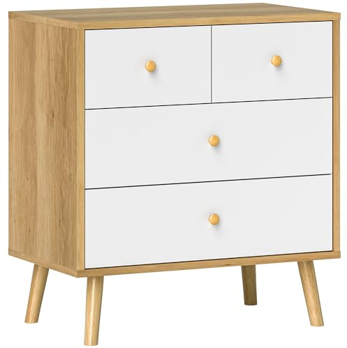 HOMCOM Cómoda de 4 Cajones Cómoda para Dormitorio con Tiradores de Madera Cajonera Estrecha para Salón Pasillo 60x35x65 cm Roble y Blanco