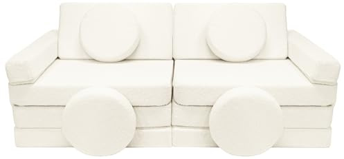 Velinda Spielsofa Modulsofa Spielmöbel Kindersofa Bouclé-Stoff Bausteine-Set + Lenkrad (Farbe: cremefarben)