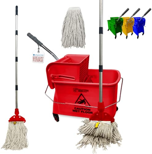 Professional Kentucky Floor Mop and Bucket Set on Wheels - Large Capacity Commercial Industrial Floor Mop Bucket with Wringer, Ideal for Warehouse, Hotel, Office, School Use - Red