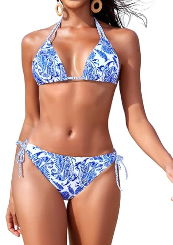 Svanco Triangel Bikini Damen Set Neckholder - Bikinioberteil mit Halskordelbindung, Verstellbare Bikinihose, Rückenfrei Bikini zum Binden