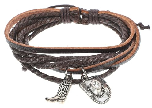 KOMBIUDA Cowboy Themen Lederarmband Herren Mehrlagiges Vintage Wickelarmband mit Western Hut Stiefel Anhänger Braunes Leder Handgelenkschmuck für Alltag Western Party