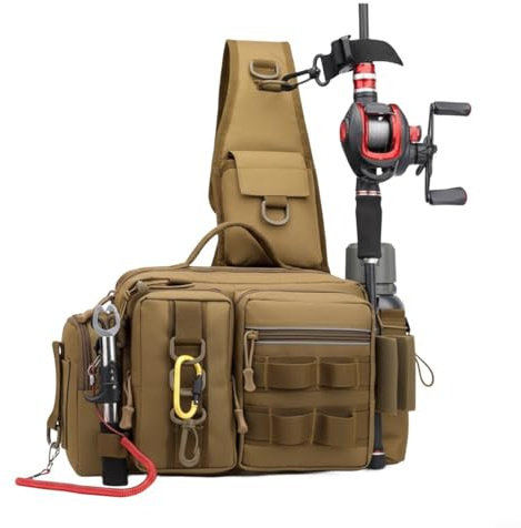HomeVortex Mochila de aparejos de pesca con tela Oxford 600D, correas de hombro anchas ajustables, con soporte para caña para pesca en agua dulce y salada, camping y senderismo (caqui)