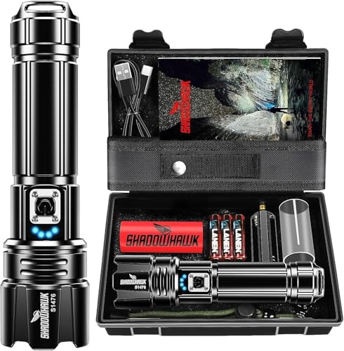 Shadowhawk Rechargeable LED Torch, High-Power Torch with 5 Modes, USB, IPX67 Waterproof, Portable for Camping, Hiking and Emergencies