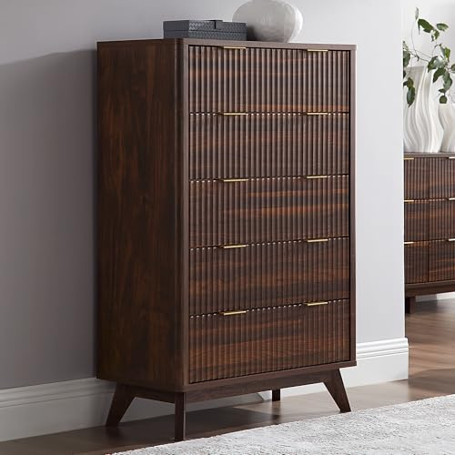 AetherWood Kommode mit 5 Schubladen, 122 cm groß, Moderner Rillen-Schubladenschrank, Gewölbtes Design, Sideboard für Schlafzimmer & Wohnzimmer, Dunkel-Walnuss