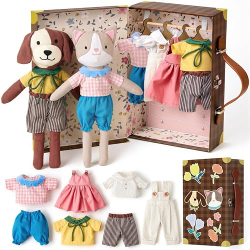 Set Peluche Chat Chien à Habiller - Valise Jouet Fille 3-6 Ans | Cadeau Jeu Habillage avec Armoire Valise Portable, Vêtements Poupée, Cintres Bois - Jouet Créatif Rangement pour Enfants