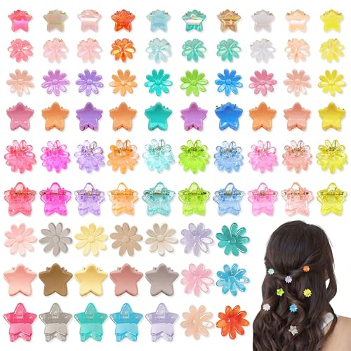 YiiHHooN Mini Haarspangen, 100 Stück Mini Haarklammern für Frauen, Sternförmige und Blumen Haarspangen Damen Kunststoff Bunte Haarclips Klein Blumen Haarklammer Klein für Erwachsene Festival Alltag