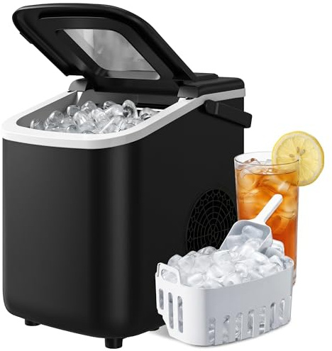 HOMCOM Ice Maker Machine Countertop, 12kg/24H, 9 Cubes in 7 Mins, 2 Sizes, Self-Cleaning Portable Ice Cube Maker with Handle, Scoop & Basket for Home Office Kitchen RV, Black