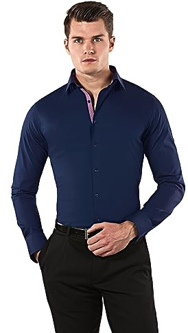 Vincenzo Boretti Camisa de Hombre, Muy Entallada (Body-fit), Mezcla de algodón, elástica y Muy Agradable, Manga-Larga, Cuello Kent, Lisa - fácil de Planchar (Easy IRO Azul Oscuro/Vino Tinto 39-40