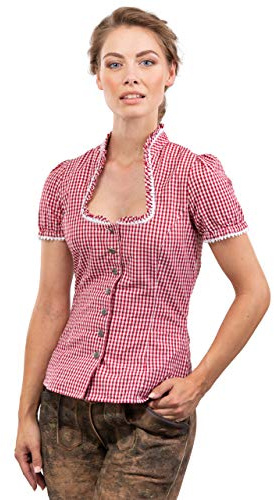 Schöneberger Trachten Couture Blusa Tradicional Jazmín - Elegante, Blusa a Cuadros y de Cintura - con Hermosos Botones de corazón (42, Rojo/Blanco)