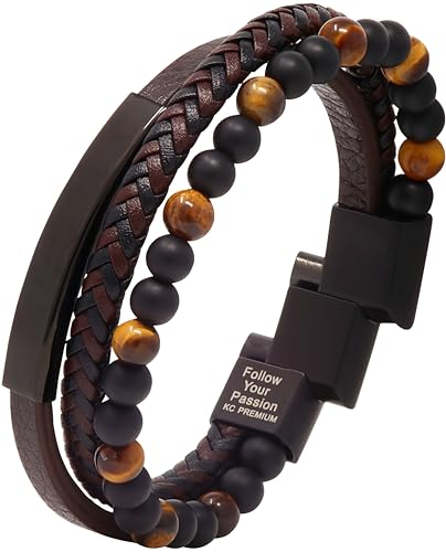 KC Premium Männer Lederarmband mit Tigerauge Lava Steine Perlen | Handgemacht Armband inspirierende Gravur | Grössenverstellbar Magnetverschluss Edelstahl | Geschenk Schmuckbox Herren (Schwarz Braun)
