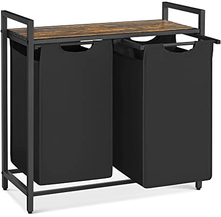 VASAGLE Laundry Hamper, Laundry Basket, Laundry Sorter with 2 Pull-Out and Removable Bags, Shelf, Metal Frame, 2 x 12.1 Gallons (46 L), 28.8 x 13 x 28.4 Inches, Ink Black and Rustic Brown UBLH201B01